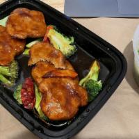 General Tso'S Soy Protein · Spicy. Breaded medallions of sauteed soy protein with steamed broccoli, in a spicy brown sau...