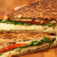 Grilled Chicken & Fresh Mozzarella Panini · Served with roasted red peppers, spring mix and balsamic.