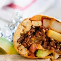 Chorizo Burrito · Filled with rice, beans, mild salsa, sour cream, mix cheddar, and jack cheese and pico de ga...