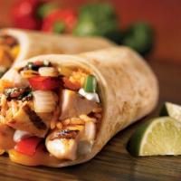 Grilled Chicken Burrito · Filled with rice, beans, mild salsa, sour cream, mix cheddar, and jack cheese and pico de ga...