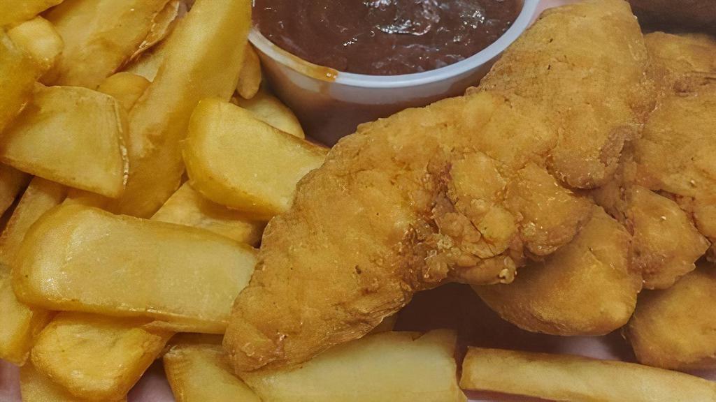Chicken Tenders · breaded tenders served with fries and choice of dipping sauce