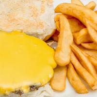 Classic Cheeseburger · fresh, hand pressed ground round topped with american cheese on a grilled hard roll and serv...