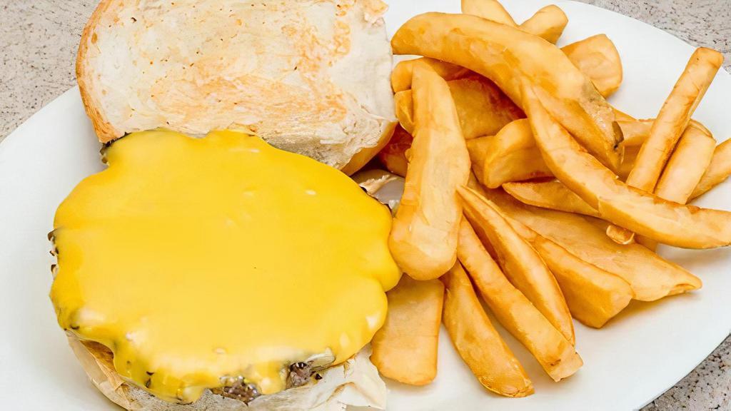 Classic Cheeseburger · fresh, hand pressed ground round topped with american cheese on a grilled hard roll and served with choice of toppings and side.