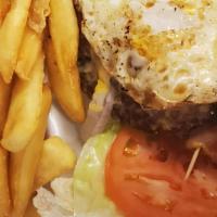Patriot Burger · fresh, hand pressed ground round topped with fried egg, bacon, lettuce, tomato, red onion an...