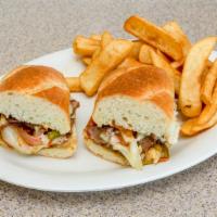 Philly Cheesesteak · thinly sliced steak with sauteed peppers & onions and melted provolone on a grilled hoagie r...