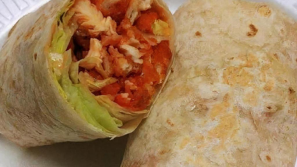 Buffalo Chicken Wrap · crispy chicken tossed in buffalo wing sauce topped with lettuce and blue cheese