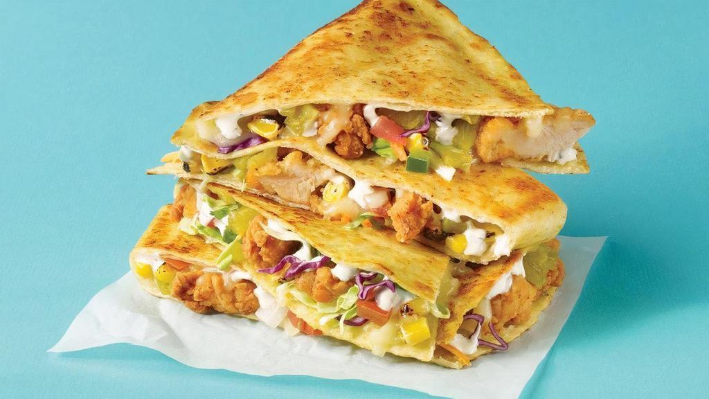 The Fried Chicken Picnic Quesadilla · Fried chicken, jalapeño tortilla, ranch coleslaw, pico de gallo, green chilies, roasted corn & jack cheese. No lakes or nature needed.