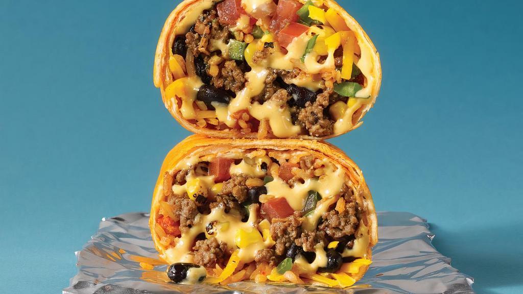 The Tex-Mex Flex · Ground beef, mexican rice, black beans, chipotle queso, roasted corn, pico de gallo, pickled jalapeños & cheddar cheese in a spicy cholula tortilla. There’s no humble here.