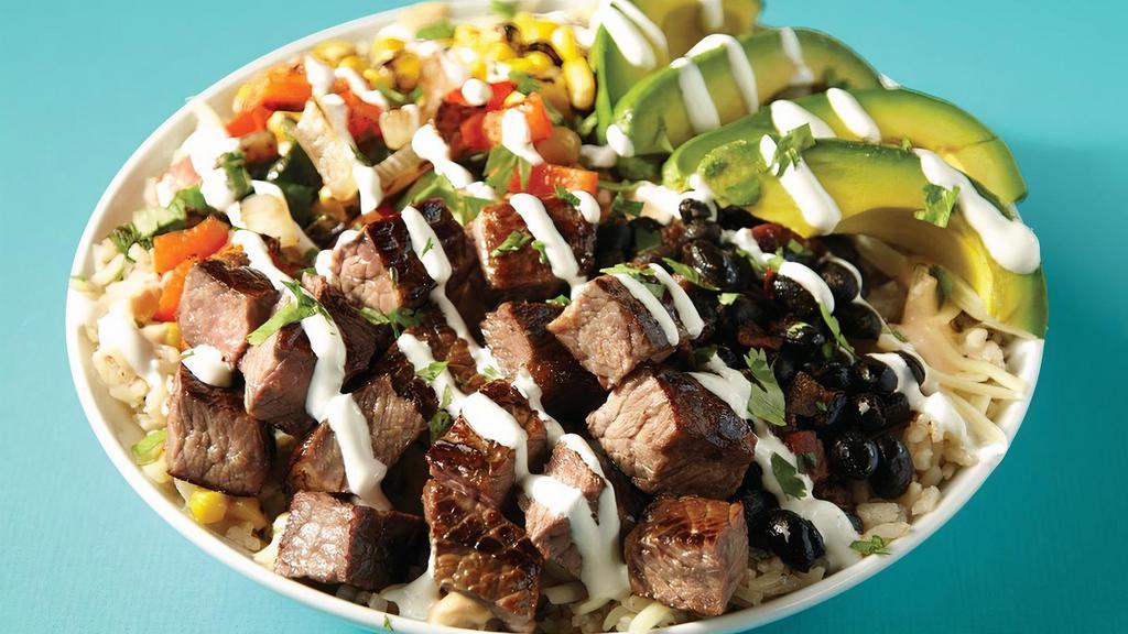 The O.G. Bowl - Choice Of Grilled Chicken, Steak Or Vegetarian (V) · That old school flava. Grilled chicken, carne asada steak or . vegetarian, flour tortilla, fresh avocado, chipotle crema, jack . cheese, white rice, black beans, roasted corn, sautéed peppers & onions.