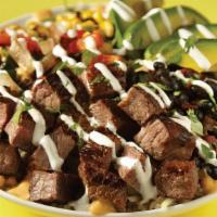 Spicy Steakhouse Bowl · Carne asada steak, chipotle queso, black beans, white rice, . jack cheese, sautéed peppers &...