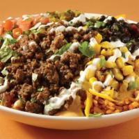 The Tex-Mex Flex Bowl · Ground beef, mexican rice, black beans, chipotle queso, roasted corn, pico de gallo, pickled...
