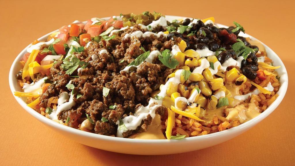 The Tex-Mex Flex Bowl · Ground beef, mexican rice, black beans, chipotle queso, roasted corn, pico de gallo, pickled jalapenos & cheddar cheese. There’s no. humble here.