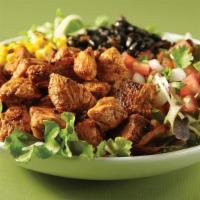 The Spicy Chicken Ranch Salad · Grilled chicken, fresh mixed greens, black beans, roasted corn, pico de gallo & jack cheese....