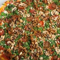Spicy Jenny · Spinach, Garlic, Pepperoni, Mushrooms and Sausage Topped with Red Chili Pepper Flakes