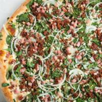 Carbanara · Spinach, Garlic, Ham, Bacon and Onions on Olive Oil Base topped with Pecorino.