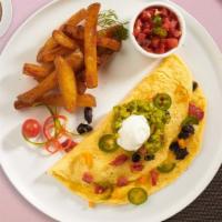Portrait Of Mexican Omelette · Eggs, onions, tomatoes, jalapenos, and cheese. Served with home fries.