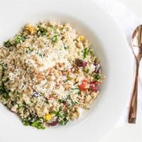 Shredded Kale & Quinoa Bowl · Quinoa, kale, red grapes, peppers, cherry tomatoes, grated parm, sunflower seeds, lemon vina...