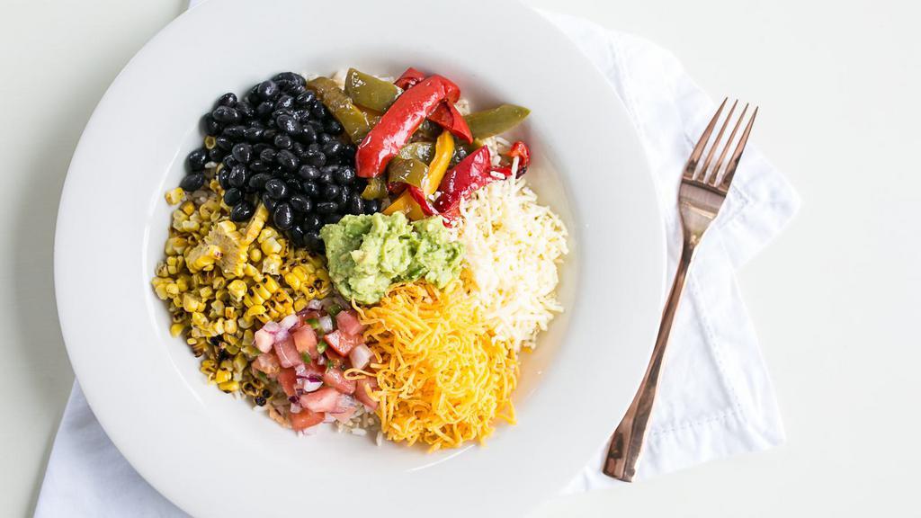 Burrito Bowl · Brown rice, black beans, roasted corn, sautéed peppers, monterey jack cheese, pico de gallo, guacamole pick your protein: chicken, shrimp, salmon.