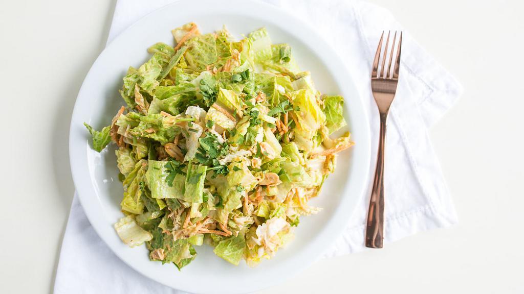 Chinese Chopped Salad · Napa cabbage, snow peas, grated carrot, dry roasted peanuts, red chili peanut dressing pick your protein: chicken, shrimp, salmon.