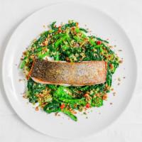 Salmon Delivery · broccoli rabe, Castelvetrano olives,  almonds