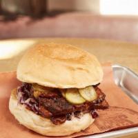 Bbq Seitan Sandwich · Dairy Free, Nut Free, Vegan. KC style mesquite smoked seitan, maple BBQ sauce, red cabbage s...