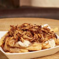 Disco Fries · Dairy Free, Vegan. Crispy fries, mushroom gravy, cashew cheese curds topped with pulled barb...