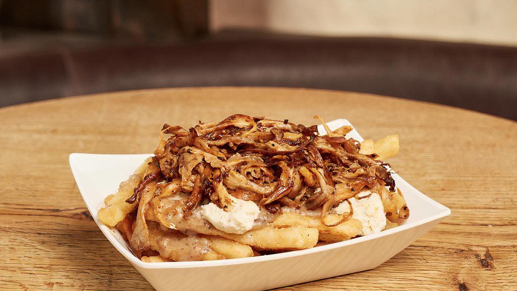 Disco Fries · Dairy Free, Vegan. Crispy fries, mushroom gravy, cashew cheese curds topped with pulled barbecue mushrooms. Our take on a Jersey shore classic. Contains Gluten, Tree nuts