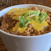 Chili - Smokehouse Side · Dairy Free, Vegan. Three bean and seitan chili with a blend of chili peppers and masa. Toppe...