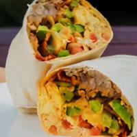 Individual Morning Burrito  · Flour tortilla stuffed with scrambled eggs, rice, bean, cheese peppers, bacon and onions. Se...