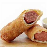 Chinese Hot Dog · CLASSIC BEEF HOT DOG . WRAPPED IN A EGGROLL SKIN. WITH A HINT OF MUSTERD