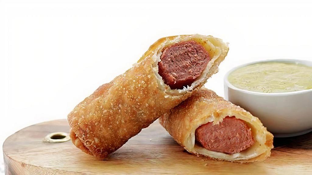 Chinese Hot Dog · CLASSIC BEEF HOT DOG . WRAPPED IN A EGGROLL SKIN. WITH A HINT OF MUSTERD
