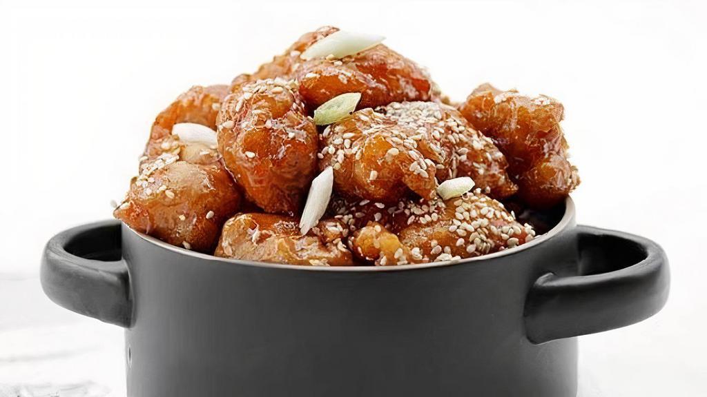 Sesame Chicken · Battered Fried White Meat Chicken, . With our Sweet Sesame Sauce . Sprinkled with Sesame Seeds