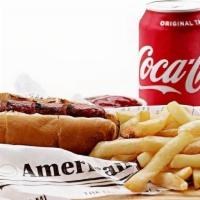 Hot Dog With French Fries And Drink · Beef Hot Dog and Bun with a default side of French Fries and a Drink Choice.. (Bread is Hamo...