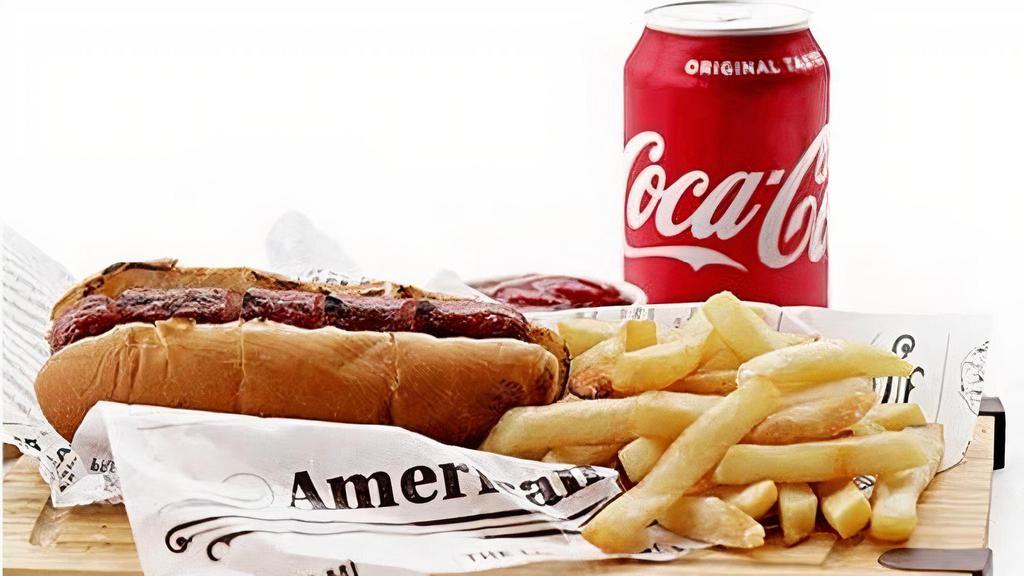 Hot Dog With French Fries And Drink · Beef Hot Dog and Bun with a default side of French Fries and a Drink Choice.. (Bread is Hamotzie)