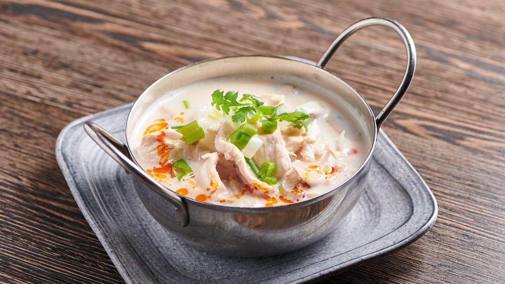 Tom Kha Soup · Gluten-free. Yes, tom kha is super famous! Choice either vegetable, tofu, chicken, or shrimp. They love to party in creamy coconut milk and galangal broth, topped with mushrooms, scallions, and cilantro.