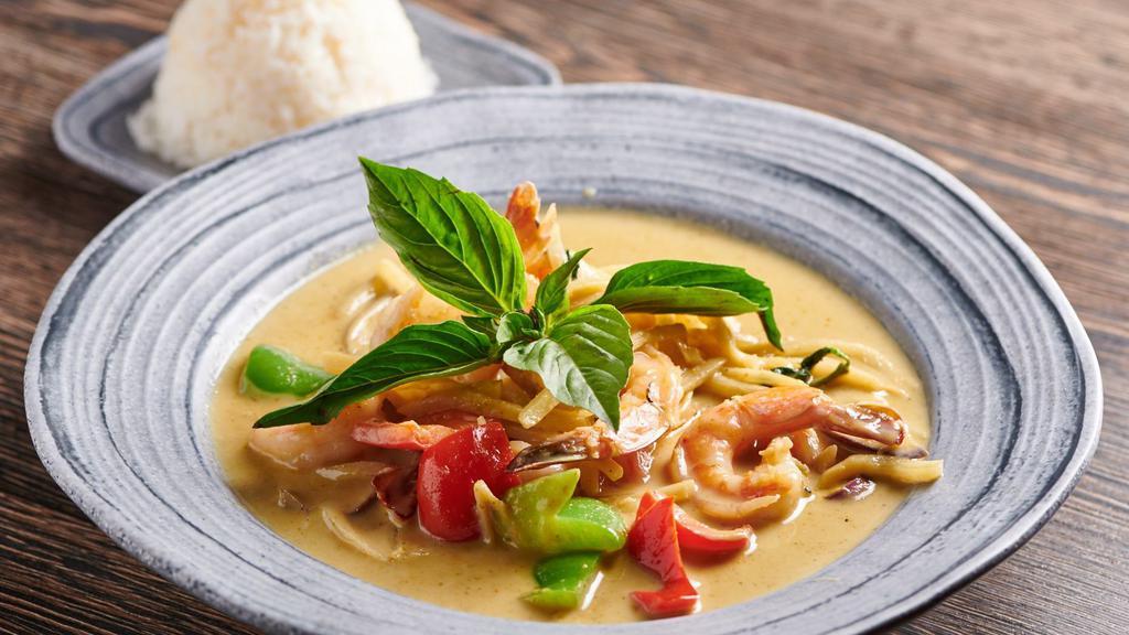 Green Curry · Spicy. Go! And have this too! Eggplant, bamboo shoots, bell peppers, and fresh basil leaves, partying in a broth of coconut milk with green chili paste, blended with Thai herbs and spices.