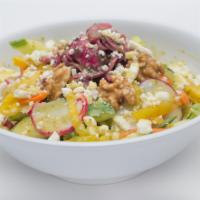 Mediterranean Salad · Romaine/Iceberg Mix, Cucumbers, Tomatoes, Carrots, Mediterranean Olives, Chickpeas, Roasted ...