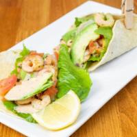 Shrimp Cilantro Lime Tacos · Shrimp, cilantro, lime, avocado, lettuce, tomato on a flour tortilla served with a chili may...