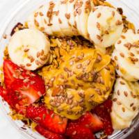 Neymar Bowl · Acai, blueberry, strawberry, banana, peanut butter, flax seeds, and housemade granola.