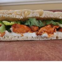 Buffalo Bleu Sandwich · rotisserie chicken marinated in a spicy buffalo sauce paired with creamy crispy refreshing r...