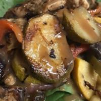Grilled Or Fried Eggplant · Grilled or fried eggplant, mozzarella, baby spinach, roast peppers.