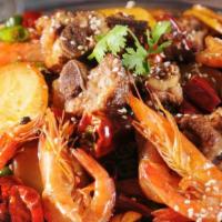 Guan Fu Dry Pot Shrimp & Ribs · Spicy and numbing dry fried shrimp and ribs.