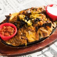 Nachos Mucho Grande · Firehouse chili, jack and cheddar cheese, jalapenos, black olives, sour cream. salsa.