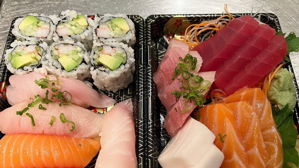 Sushi & Sashimi Combo · Five pieces Sushi & twelve pieces of sashimi & california roll.
