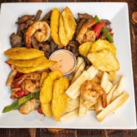 Alma Picadera · grilled chicken, grilled steak, grilled shrimp, pork chunks, fried yucca, fried plantains/ p...