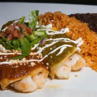 Shrimp Enchiladas · Soft corn tortillas stuffed with  shrimp  topped with red chili pepper and tomatillo sauce, ...