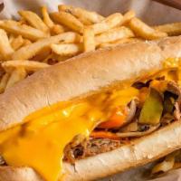 Philly Cheesesteak · Melted cheese, shaved ribeye steak, sauteed peppers and onions on a club roll. Served with F...
