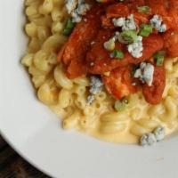 Buffalo Mac Bowl · Our home made Mac N Cheese, spicy cripsy chicken, and blue cheese crumbles