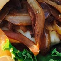 Smothered Burger · Mayo, lettuce, tomato, swiss cheese and sauteed onions. Served with fries