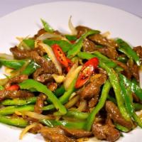 Shredded Beef With Spicy Green Chili · Extra hot and spicy.